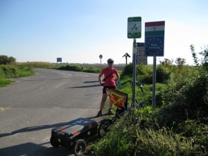 Signs at border crossing into Hungary