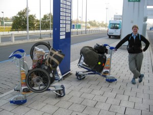 Jennifer with all our luggage and bikes at the Frankfurt airport