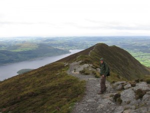 Randy on the trail along the Edge, with lake Bassenthwaite in the background