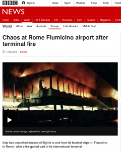 Screen shot of BBC news item about Rome airport fire