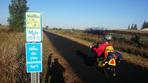 Lake Wobegon Trail sign saying: Who do you exercise for?