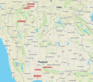 OpenStreetMap showing Bangkok, Ayutthaya, Pak Chong, Chiang Mai, Chiang Rai, Tha Ton, and Mae Salong, Thailand